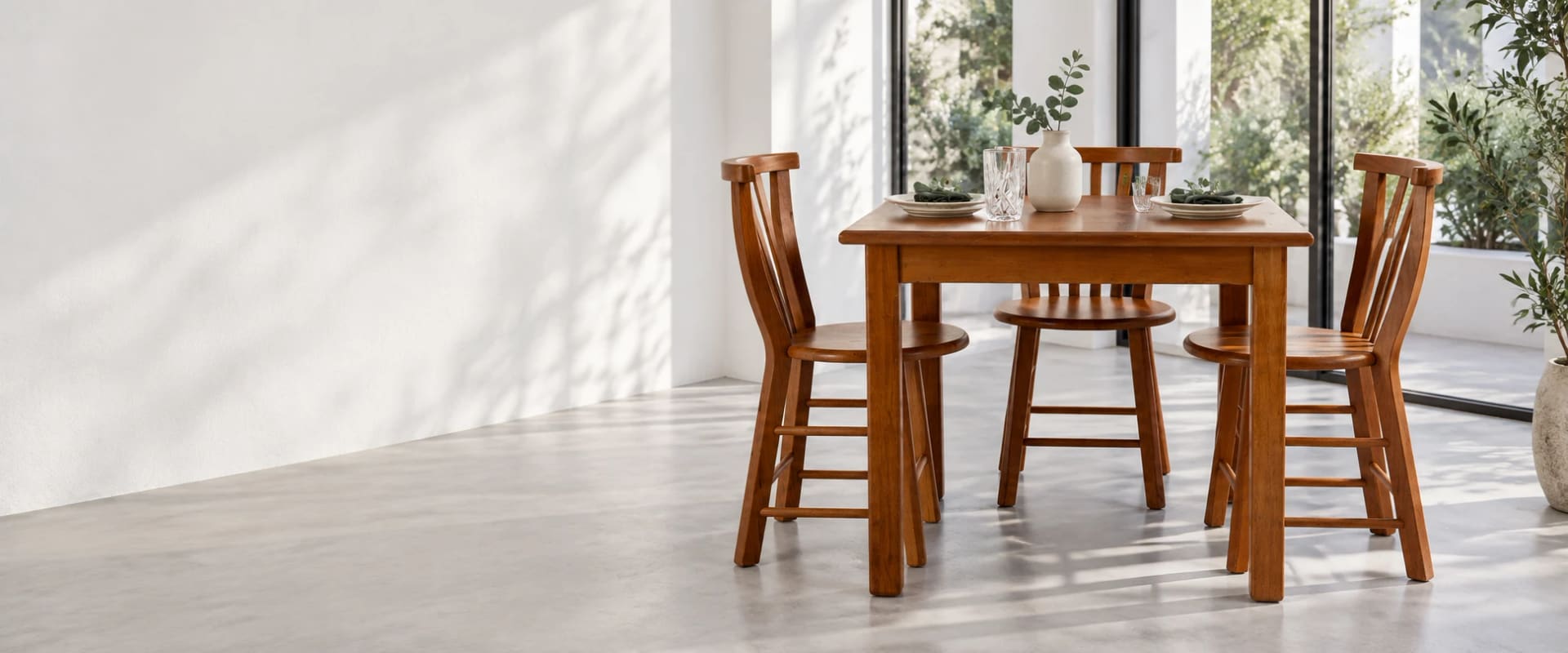 Mesa em madeira com cadeiras em um ambiente de refeições