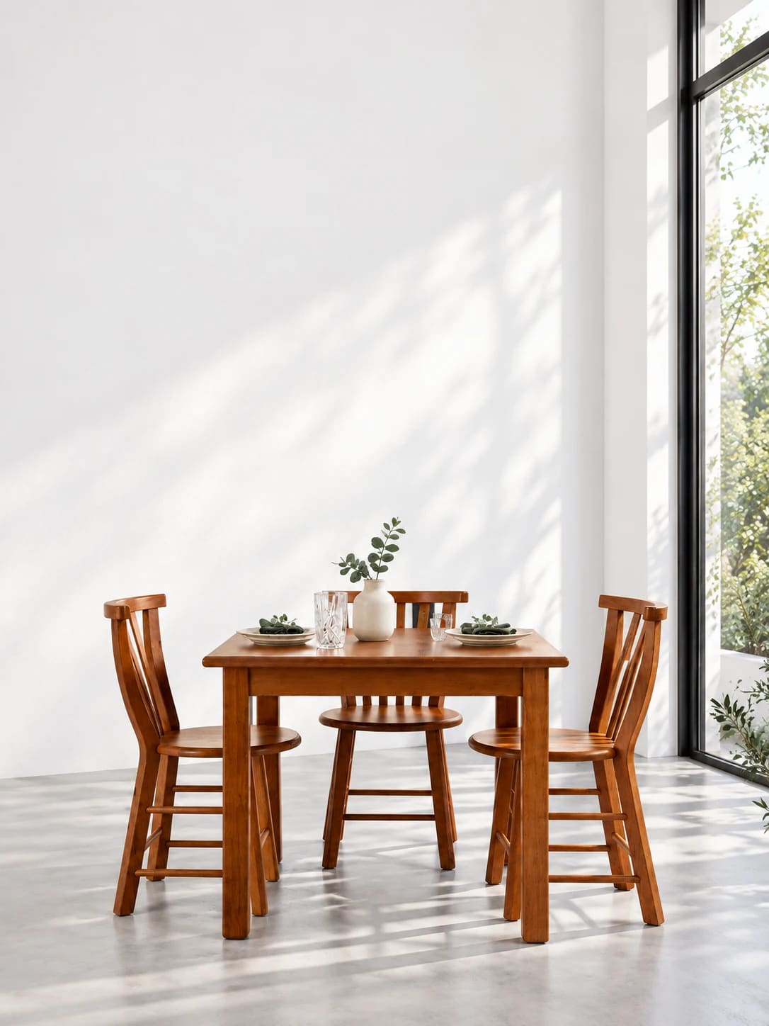 Mesa em madeira com cadeiras em um ambiente de refeições