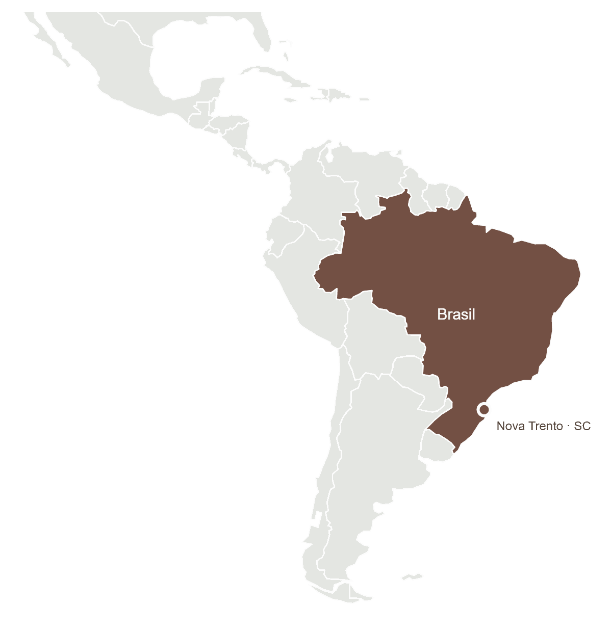 Mapa de América Latina con Brasil destacado y el origen de Móveis Daniella en Nova Trento, Santa Catarina
